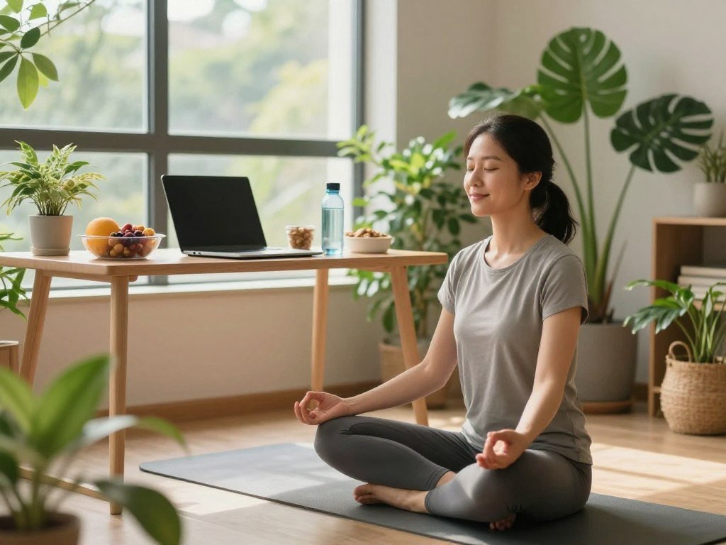 A tranquil workspace featuring a serene individual practicing mindfulness, seated cross-legged on a yoga mat surrounded by lush indoor plants. In the foreground, a calm face with a gentle smile exudes tranquility and balance, reflecting a lifestyle change for cortisol management. The middle ground includes a well-organized desk with a laptop, healthy snacks like fruits and nuts, and a water bottle, symbolizing mindful eating and hydration. The background showcases large windows filtering soft, natural light, creating a warm atmosphere. A view of nature outside enhances the sense of calm. The entire scene is captured with a soft focus, evoking a peaceful, stress-free environment, ideal for promoting long-term lifestyle changes for cortisol management. A tranquil workspace featuring a serene individual practicing mindfulness, seated cross-legged on a yoga mat surrounded by lush indoor plants. In the foreground, a calm face with a gentle smile exudes tranquility and balance, reflecting a lifestyle change for cortisol management. The middle ground includes a well-organized desk with a laptop, healthy snacks like fruits and nuts, and a water bottle, symbolizing mindful eating and hydration. The background showcases large windows filtering soft, natural light, creating a warm atmosphere. A view of nature outside enhances the sense of calm. The entire scene is captured with a soft focus, evoking a peaceful, stress-free environment, ideal for promoting long-term lifestyle changes for cortisol management.