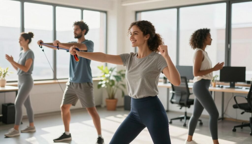 A vibrant and energetic scene depicting a diverse group of professionals engaging in light physical activity in a sunlit office environment. In the foreground, a dynamic woman in smart casual attire is stretching and smiling, embodying a sense of vitality. In the middle ground, a man is doing a gentle workout with a resistance band, while another colleague is taking a brisk walk, all showcasing a positive atmosphere. The background features large windows allowing natural sunlight to pour in, illuminating the space and creating a warm glow. The overall mood is uplifting and rejuvenating, emphasizing the connection between physical activity and mental clarity. The focus should be on movement and energy, with a slight depth of field to highlight the central figures. A vibrant and energetic scene depicting a diverse group of professionals engaging in light physical activity in a sunlit office environment. In the foreground, a dynamic woman in smart casual attire is stretching and smiling, embodying a sense of vitality. In the middle ground, a man is doing a gentle workout with a resistance band, while another colleague is taking a brisk walk, all showcasing a positive atmosphere. The background features large windows allowing natural sunlight to pour in, illuminating the space and creating a warm glow. The overall mood is uplifting and rejuvenating, emphasizing the connection between physical activity and mental clarity. The focus should be on movement and energy, with a slight depth of field to highlight the central figures.