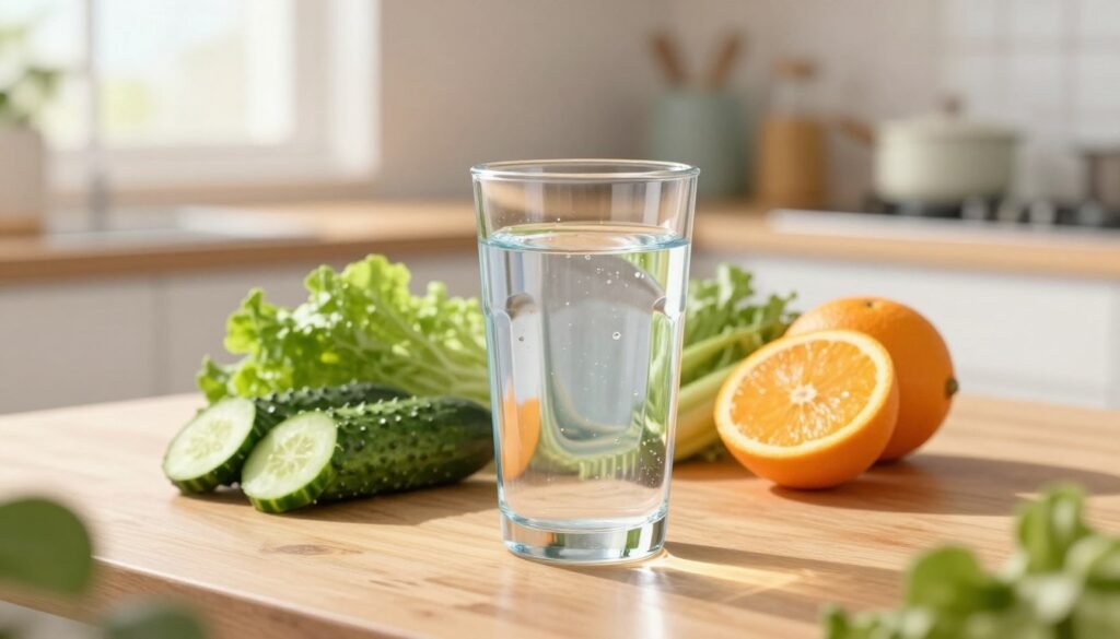 A vibrant and informative illustration depicting the benefits of drinking water. In the foreground, a filled glass of crystal-clear water sits on a wooden table, reflecting soft natural light. In the middle, a selection of fresh fruits and vegetables, like cucumbers, oranges, and leafy greens, emphasize hydration and health. In the background, a serene kitchen scene with sunlight streaming through a window creates a warm and inviting atmosphere. The focus should be on the clarity and purity of the water, symbolizing vitality. Use a soft-focus effect around the edges to enhance the central elements and maintain a calm, refreshing mood. This image conveys health, wellness, and the importance of water in daily life.