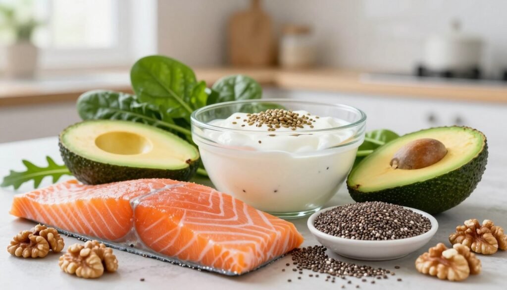 A vibrant still life featuring an array of omega-3 rich foods ideal for enhancing skin health. In the foreground, a beautifully arranged platter displays fresh salmon fillets, bright green avocados, and a scoop of chia seeds. Scattered walnuts and flaxseeds add texture. In the middle, a clear glass bowl filled with light, tangy yogurt and topped with a sprinkle of hemp seeds is highlighted, while leafy greens like spinach and arugula frame the scene. The background features a soft-focus kitchen environment with natural light streaming through a window, creating a warm and inviting atmosphere. Use a shallow depth of field to emphasize the food items, evoking a sense of health and vitality, perfect for promoting skin radiance and elasticity.