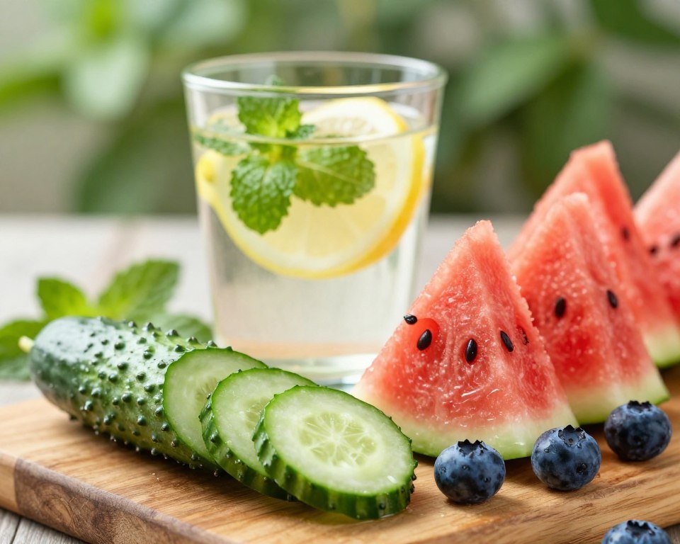 A vibrant, visually appealing composition of hydrating foods known for their benefits in reducing facial swelling. In the foreground, display fresh, juicy cucumbers sliced into rounds, vibrant watermelon cubes, and a handful of plump blueberries, all arranged attractively on a rustic wooden cutting board. In the middle, incorporate a clear glass filled with infused water featuring slices of lemon and mint leaves, exuding a refreshing aura. The background should softly blur, featuring hints of lush greenery and soft, natural light that creates a warm, inviting atmosphere. Use a macro lens perspective to emphasize the textures and colors of the foods. Aim for a serene and rejuvenating mood that highlights the health benefits of hydration.