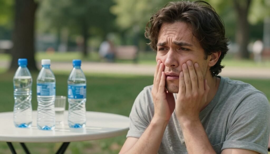 A visually engaging composition illustrating dehydration symptoms. In the foreground, a person depicted in modest casual clothing, showing signs of dehydration, such as dry lips, sunken eyes, and fatigue. Their expression reflects discomfort and concern. In the middle ground, a table displaying half-filled water bottles and a glass of water, emphasizing the importance of hydration. The background features a blurred park scene under harsh sunlight, symbolizing heat exposure and the need for water. Soft, natural lighting enhances the urgency of the situation, while the angle captures the individual's face and the surrounding environment to convey a sense of awareness and caution. The overall mood is serious but educational, highlighting the critical signs of dehydration.