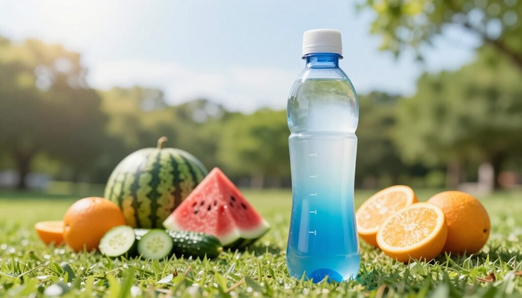 A visually engaging representation of hydration levels, featuring a transparent water bottle in the foreground, filled with gradient shades of blue to represent different hydration levels. In the middle ground, a variety of fruits like watermelon, cucumber, and oranges, artistically arranged, symbolizing natural hydration sources. In the background, a sunlit park with lush greenery and a clear sky to evoke a refreshing atmosphere. Use soft, natural lighting to create a serene and inviting mood. The scene should be captured at a slight upward angle, focusing on the water bottle and fruits, emphasizing their importance in maintaining hydration. Aim for a clean and vibrant color palette, conveying the message of health and vitality without any text or distractions.