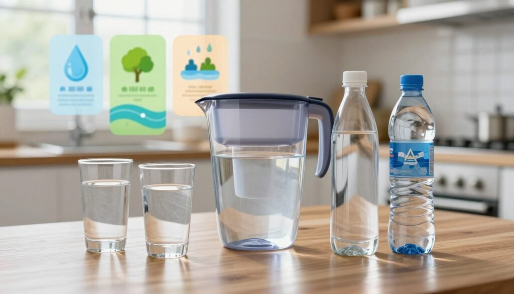 A visually striking comparison of various water sources, including a clear tap water glass, a sleek filtered water pitcher, and a stylish bottled water brand, arranged dynamically on a polished wooden table in the foreground. Each container showcases the purity and clarity of the water inside, reflecting light beautifully. In the middle ground, depict a colorful infographic-style backdrop with soft focus illustrations of water droplets and icons representing different sources like wells, rivers, and rain. The background features a softly blurred kitchen environment with natural light streaming through a window, creating a welcoming atmosphere. The overall mood is informative yet engaging, emphasizing quality and accessibility of water through a clean, modern aesthetic. Use a subtle depth of field to highlight the water sources clearly.