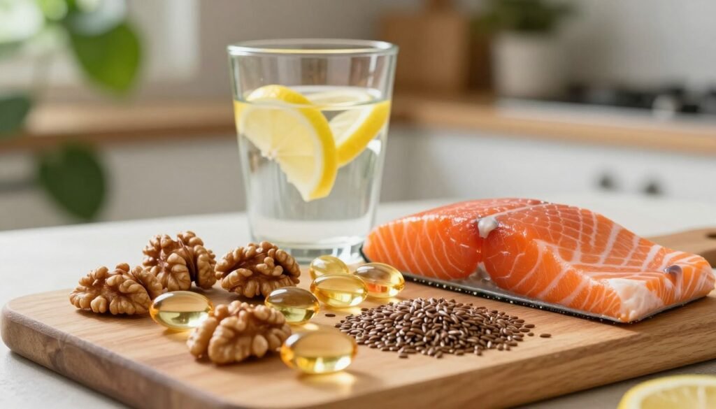 A visually striking composition focused on the benefits of omega-3 fatty acids. In the foreground, showcase a variety of fresh omega-3-rich foods like salmon, walnuts, and flaxseeds, arranged artistically on a wooden cutting board. The middle ground features a glass of water with a few lemon slices, complementing the healthy theme. In the background, a soft-focus serene kitchen setting with green plants enhances the natural vibe. Utilize warm, inviting lighting to illuminate the scene, creating a cozy atmosphere. The angle should be slightly overhead, emphasizing the vibrant colors and textures of the food. The overall mood should evoke health, wellness, and vitality, encouraging an appreciation for the beauty of nature's bounty.
