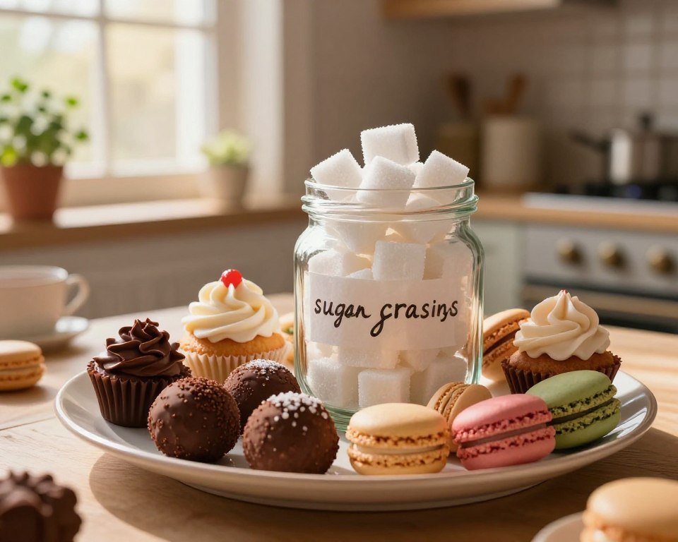 A whimsical still life scene capturing the essence of "sugar cravings." In the foreground, a beautifully arranged plate of assorted colorful desserts—chocolate truffles, frosted cupcakes, and vibrant macarons—seem to beckon invitingly. The middle ground features a delicate glass jar overflowing with sugar cubes, glistening under warm, soft lighting that enhances their allure. In the background, a serene kitchen is visible, with sun rays streaming through a window, illuminating a small herb garden, symbolizing balance amidst cravings. The atmosphere is inviting and nostalgic, evoking a sense of comfort and indulgence. The lighting creates gentle shadows, emphasizing the textures of the sweets. The focal length captures the scene in a slight overhead angle, giving a sense of abundance while maintaining a cozy, intimate vibe.