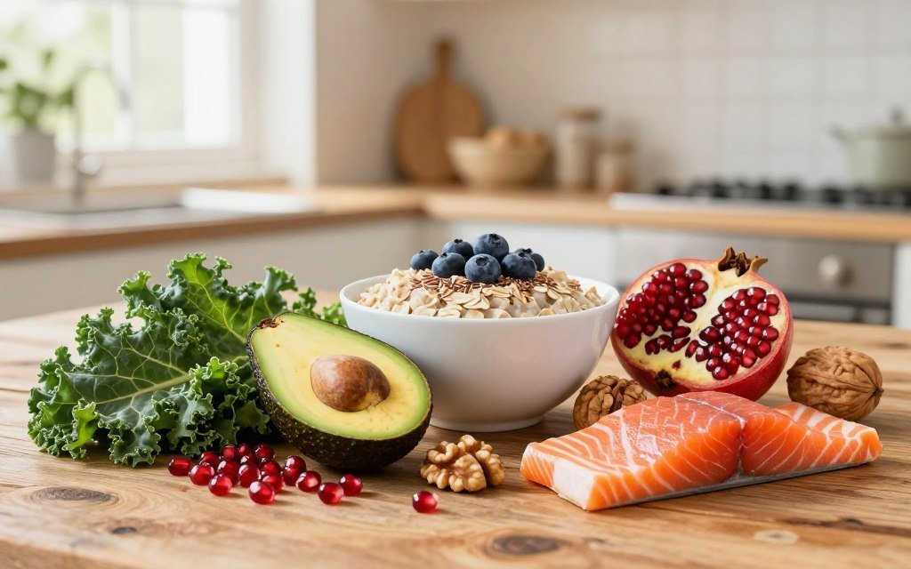 A beautifully arranged display of hormone-balancing foods on a rustic wooden table. In the foreground, vibrant ingredients like leafy kale, ripe avocados, pomegranate seeds, walnuts, and salmon are artistically placed, showcasing their rich colors and textures. In the middle, a bowl of oatmeal topped with flaxseeds and blueberries adds a touch of warmth. The background features softly blurred elements of a sunlit kitchen, with soft, natural lighting filtering through a nearby window, creating a warm and inviting atmosphere. The composition should evoke a sense of nourishment and wellness, promoting balance and vitality, ideal for supporting menstrual phase nutrition. Capture this scene with a soft focus, emphasizing the freshness and health benefits of these foods.