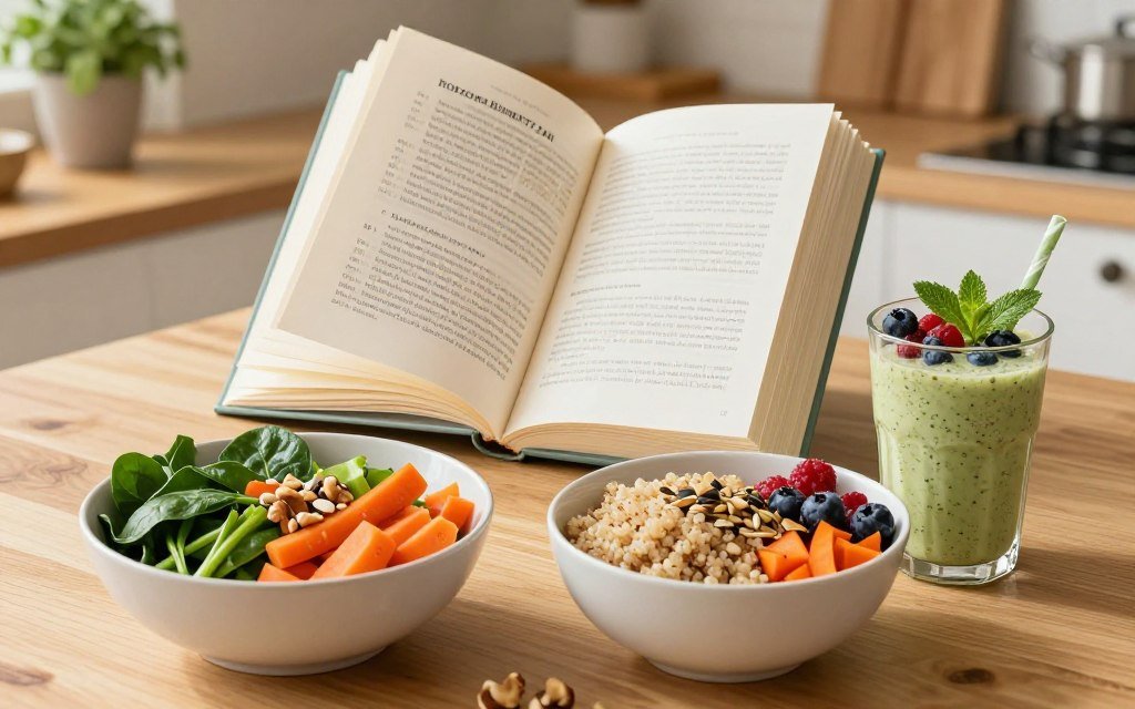 A beautifully arranged flat lay of a balanced hormone harmony eating plan, featuring an assortment of colorful, fresh ingredients. In the foreground, a wholesome bowl of quinoa with vibrant vegetables like spinach, peppers, and carrots, garnished with nuts and seeds. Beside it, a light smoothie filled with berries and a sprig of mint. In the middle, an open cookbook displaying recipes for hormone-balancing dishes, pages fluttering slightly as if caught in a gentle breeze. The background features soft, warm lighting that creates an inviting and cozy kitchen atmosphere, with wooden countertops and potted herbs adding a natural touch. The overall mood is serene and health-focused, evoking a sense of nurturing and balance.