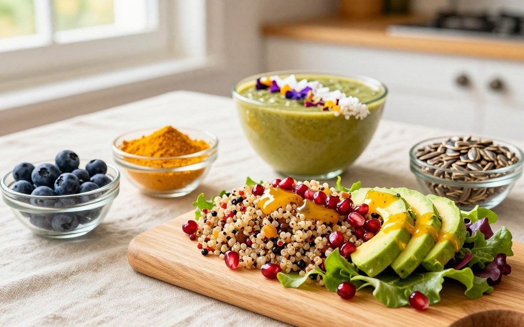 A beautifully arranged flat lay of vibrant glow-boosting recipes, showcasing colorful dishes rich in nutrients that enhance skin brightness and hormonal balance. In the foreground, a pristine wooden cutting board displays a colorful quinoa salad with pomegranate seeds, avocado slices, and mixed greens, drizzled with a zesty citrus dressing. Surrounding it are small glass bowls of bright, fresh ingredients: blueberries, turmeric, and sunflower seeds, reflecting a healthy lifestyle. In the middle, a soft linen tablecloth adds a calming touch, with a golden-hued smoothie bowl topped with coconut flakes and edible flowers. The background features a softly blurred kitchen scene with natural light filtering through a window, creating a warm, inviting atmosphere. Capture this in vibrant, warm tones to evoke a sense of vitality and wellness, focusing on a top-down view for clarity and appeal.