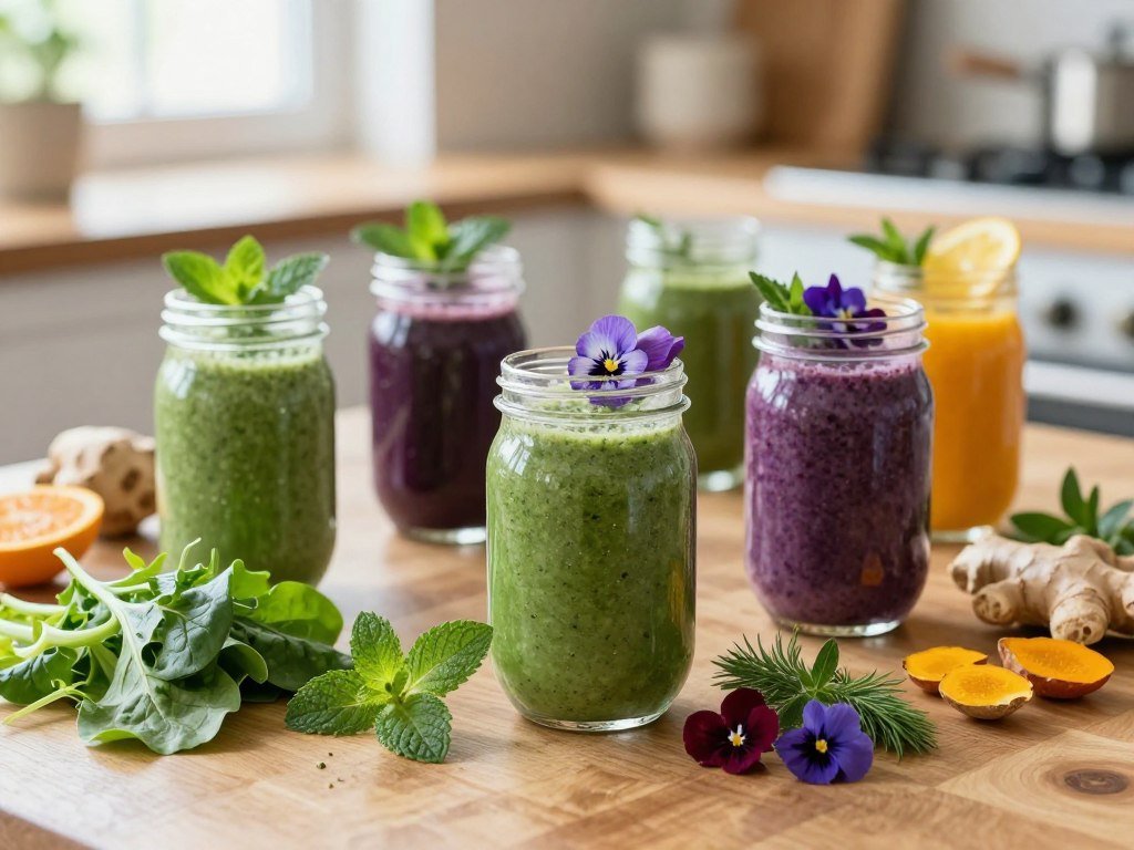 A beautifully arranged table showcasing vibrant herbal smoothies in clear glass jars, each filled with a different color: green matcha with mint, purple acai with berries, and orange turmeric with ginger. In the foreground, fresh ingredients like leafy greens, colorful fruits, and herbs are scattered around, emphasizing their natural freshness. In the middle ground, the smoothies are garnished with herbs and edible flowers, arranged aesthetically to catch the eye. The background features soft, out-of-focus kitchen elements, creating a warm and inviting atmosphere, softly lit with natural light from a nearby window. The scene conveys a sense of wellness and vitality, perfect for inspiring healthy habits. A beautifully arranged table showcasing vibrant herbal smoothies in clear glass jars, each filled with a different color: green matcha with mint, purple acai with berries, and orange turmeric with ginger. In the foreground, fresh ingredients like leafy greens, colorful fruits, and herbs are scattered around, emphasizing their natural freshness. In the middle ground, the smoothies are garnished with herbs and edible flowers, arranged aesthetically to catch the eye. The background features soft, out-of-focus kitchen elements, creating a warm and inviting atmosphere, softly lit with natural light from a nearby window. The scene conveys a sense of wellness and vitality, perfect for inspiring healthy habits.