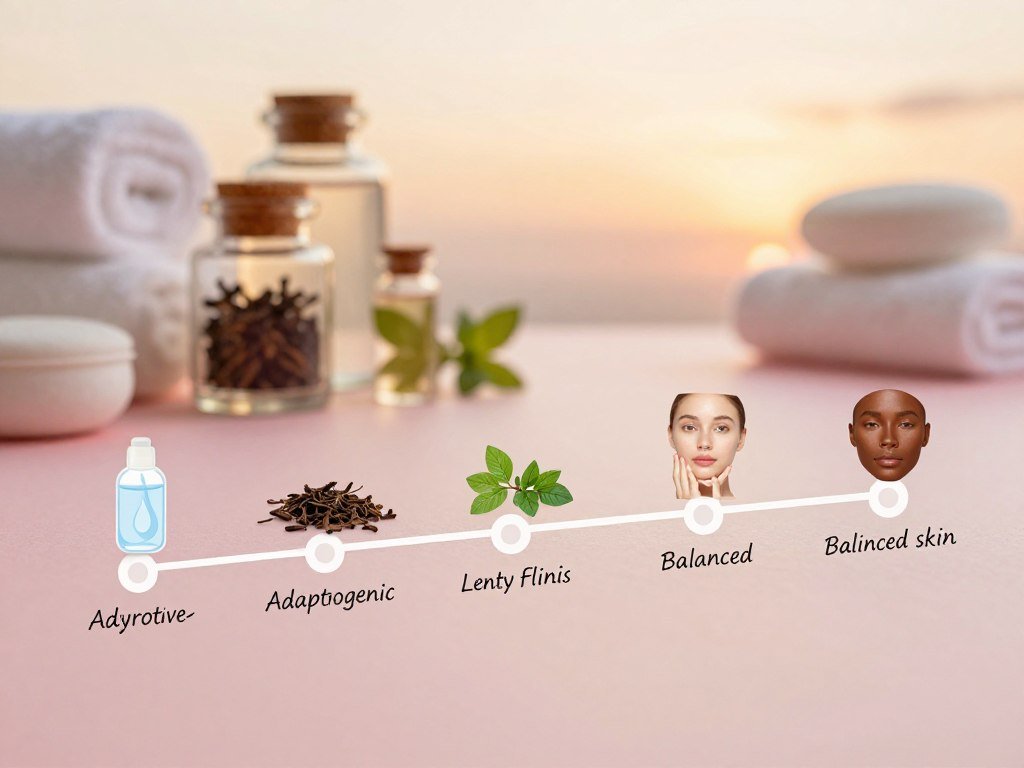 A clean, visually appealing timeline illustrating the benefits of adaptogenic skincare for a healthy glow. In the foreground, include a sequence of icons or images representing key milestones such as improved hydration, radiant complexion, and balanced skin tone. The middle layer should feature a calming, spa-like background with soft pastel colors, showcasing adaptogenic ingredients like ashwagandha and holy basil in elegant glass jars or vials. The background should depict a serene evening setting, with soft, diffused lighting mimicking the golden hour, casting gentle shadows. The overall atmosphere should feel soothing and uplifting, inviting the viewer into a holistic skincare experience. Use a slightly elevated angle to provide depth and focus on the timeline's progression, ensuring the overall composition is harmonious and tranquil.