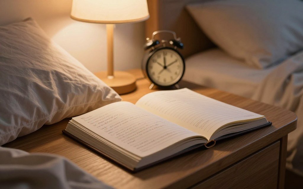 A close-up view of an open sleep diary on a wooden bedside table, illuminated by soft, warm light from a bedside lamp. The diary features neatly written entries with soft, pastel-colored pages, reflecting a cozy and organized feel. In the foreground, a comfortable, plush pillow and a lightly crumpled blanket add a sense of warmth and relaxation. The middle ground includes a small clock showing 10:00 PM, symbolizing bedtime. In the background, gently blurred silhouettes of a restful bedroom create an intimate and serene atmosphere. The overall mood is calm and reflective, evoking a sense of tranquility and dedication to tracking sleep patterns for improved restfulness.