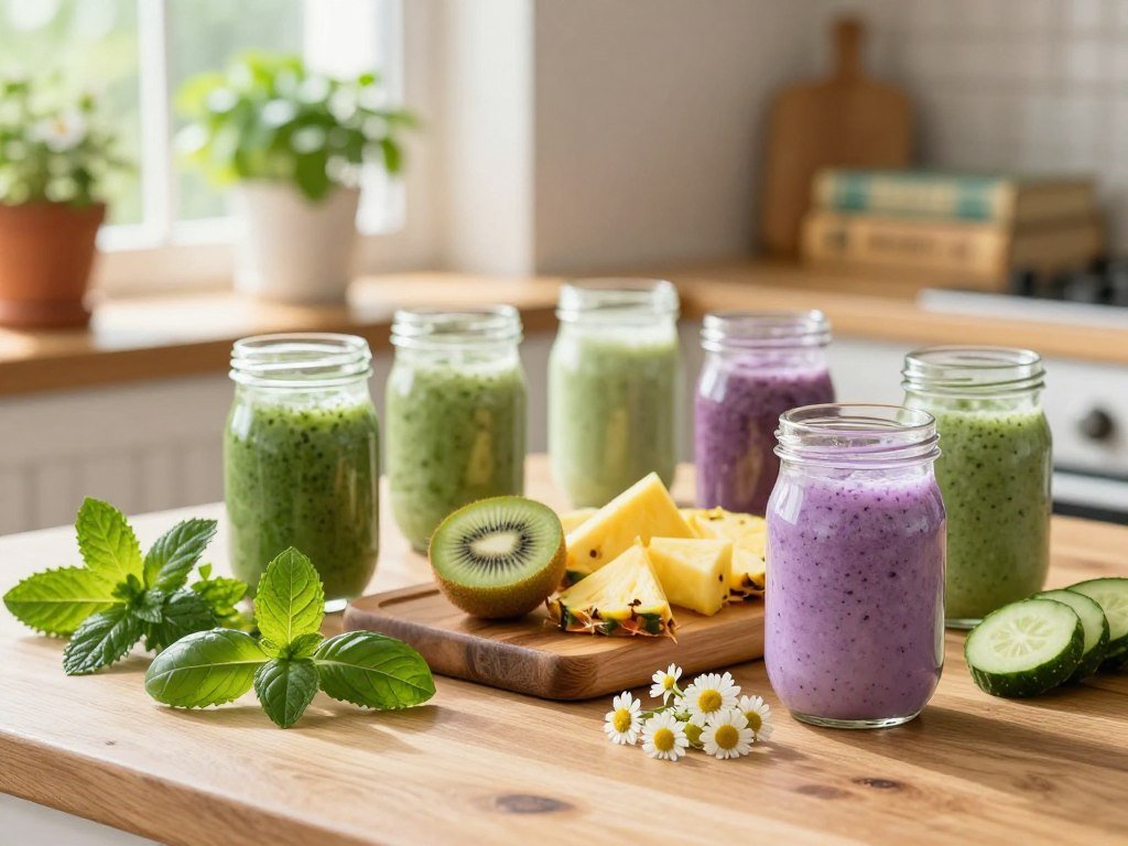 A collection of vibrant herbal drink recipes displayed beautifully on a wooden kitchen table. In the foreground, an assortment of fresh herbs like mint, basil, and chamomile are arranged next to elegant glass jars filled with colorful smoothie mixtures showcasing varying hues of green and light purple. In the middle, a rustic cutting board holds sliced fruits like kiwi, pineapple, and cucumber, ready to be blended. The background features soft-focus, sunlit kitchen elements, such as potted herbs by a window and vintage cooking books, creating a warm, inviting atmosphere. Natural light streams in, highlighting the textures of the fruits and herbs, with a shallow depth of field for an artistic touch. The overall mood is fresh and energizing, perfect for an afternoon boost. A collection of vibrant herbal drink recipes displayed beautifully on a wooden kitchen table. In the foreground, an assortment of fresh herbs like mint, basil, and chamomile are arranged next to elegant glass jars filled with colorful smoothie mixtures showcasing varying hues of green and light purple. In the middle, a rustic cutting board holds sliced fruits like kiwi, pineapple, and cucumber, ready to be blended. The background features soft-focus, sunlit kitchen elements, such as potted herbs by a window and vintage cooking books, creating a warm, inviting atmosphere. Natural light streams in, highlighting the textures of the fruits and herbs, with a shallow depth of field for an artistic touch. The overall mood is fresh and energizing, perfect for an afternoon boost.