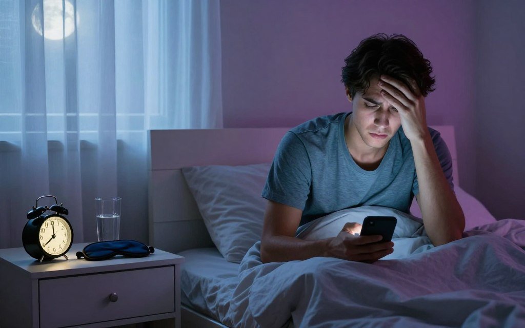 A dimly lit bedroom scene depicting a person struggling with sleep disturbances. In the foreground, a young adult in modest sleepwear sits upright in a cozy bed, looking troubled while glancing at a glowing smartphone. The middle layer captures a bedside table cluttered with sleep aids like a water glass, an eye mask, and an alarm clock showing a late hour. In the background, the room is softly illuminated by moonlight filtering through sheer curtains, casting gentle shadows that enhance the atmosphere of unrest. The walls are painted in calming pastel colors, contrasting with the subject’s anxious expression. The overall mood is tense yet inviting, emphasizing the struggle for restful sleep amidst common distractions.