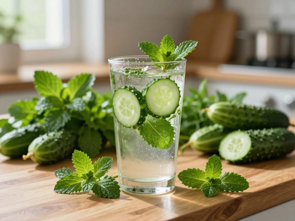 A refreshing glass of cucumber mint water infusion, elegantly placed on a wooden kitchen countertop. In the foreground, the glass features slices of fresh cucumber and vibrant mint leaves, with condensation glistening on the surface. The middle layer showcases a backdrop of lush green herbs and whole cucumbers, creating an inviting and natural atmosphere. The background is softly blurred, hinting at a sunlit kitchen with gentle, warm lighting filtering through a nearby window, casting soft shadows. The scene evokes a calm, rejuvenating mood, suggesting a ritual of self-care. The focus is on the vibrant colors and textures of the ingredients, conveying a sense of freshness and vitality.