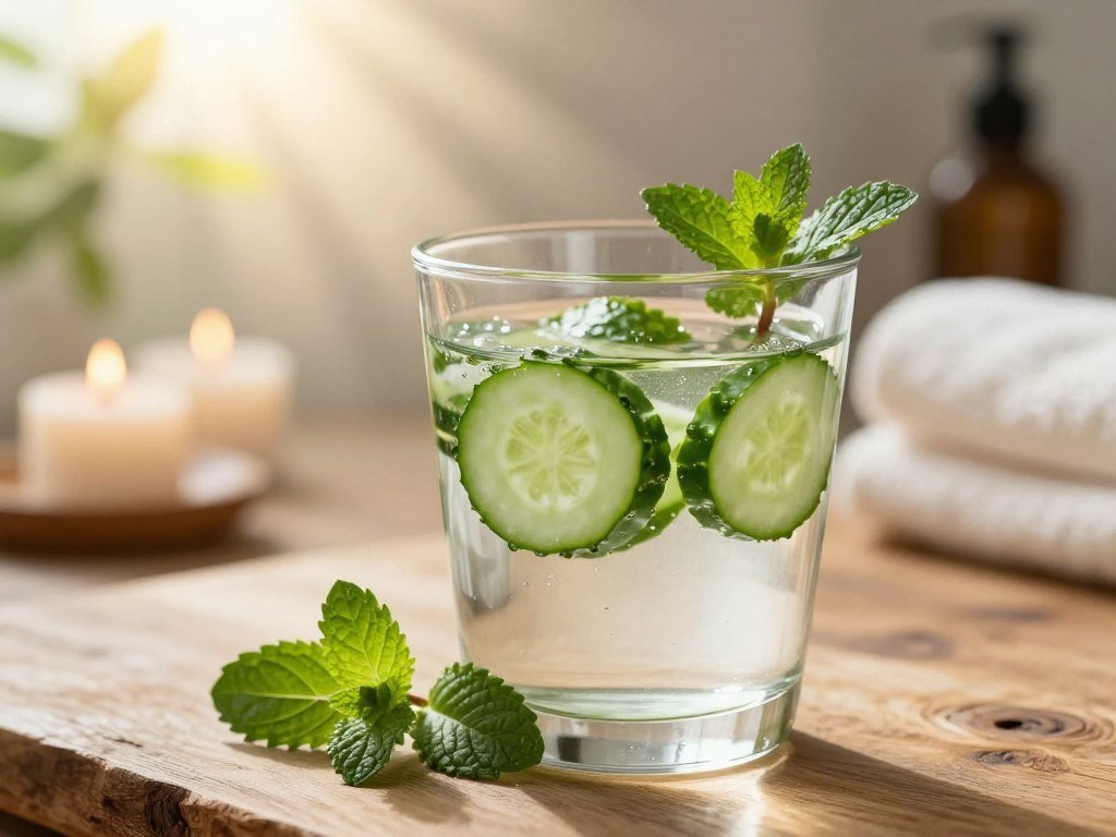 A serene and calming scene featuring a close-up of a glass of cucumber mint water set on a natural wooden table. In the foreground, lush green cucumber slices float in crystal-clear water, with fresh mint leaves visible, exuding a refreshing vibe. Soft rays of morning sunlight filter through leaves in the background, creating a warm, inviting glow. Blurred out are hints of a cozy spa environment with delicate candles and soft towels. The overall atmosphere is tranquil and rejuvenating, enhancing the theme of soothing facial puffiness. The composition focuses on the drink, artfully highlighting its ingredients, while allowing the background to evoke a peaceful sense of wellness and relaxation. Ideal lighting captures the natural textures and colors vividly.