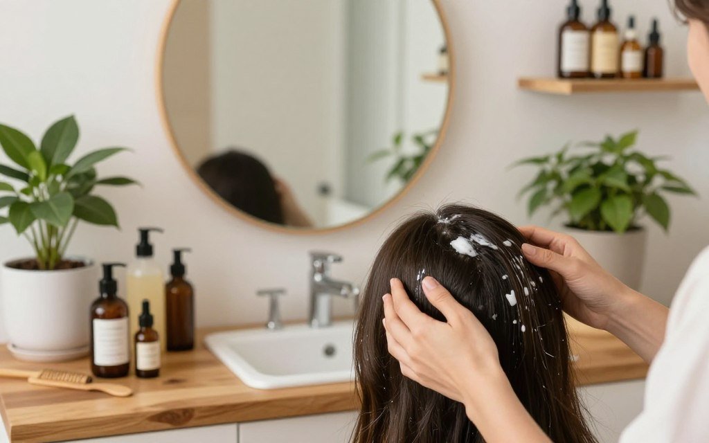 A serene and inviting bathroom setting bathed in soft, natural light, showcasing a wooden vanity adorned with essential hair and scalp care products. In the foreground, a close-up of a person's hands gently applying a nourishing hair oil onto their scalp, showcasing healthy strands glistening. The middle ground features a decorative mirror reflecting the calming ambiance, surrounded by potted plants that enhance the feeling of tranquility and growth. The background subtly displays shelves lined with shampoo bottles, combs, and herbal remedies, emphasizing a holistic approach to hair health. The overall atmosphere is warm and rejuvenating, encouraging a sense of well-being and care for hair and scalp vitality. The composition invites the viewer to appreciate the foundational rituals of beauty and self-care. A serene and inviting bathroom setting bathed in soft, natural light, showcasing a wooden vanity adorned with essential hair and scalp care products. In the foreground, a close-up of a person's hands gently applying a nourishing hair oil onto their scalp, showcasing healthy strands glistening. The middle ground features a decorative mirror reflecting the calming ambiance, surrounded by potted plants that enhance the feeling of tranquility and growth. The background subtly displays shelves lined with shampoo bottles, combs, and herbal remedies, emphasizing a holistic approach to hair health. The overall atmosphere is warm and rejuvenating, encouraging a sense of well-being and care for hair and scalp vitality. The composition invites the viewer to appreciate the foundational rituals of beauty and self-care.