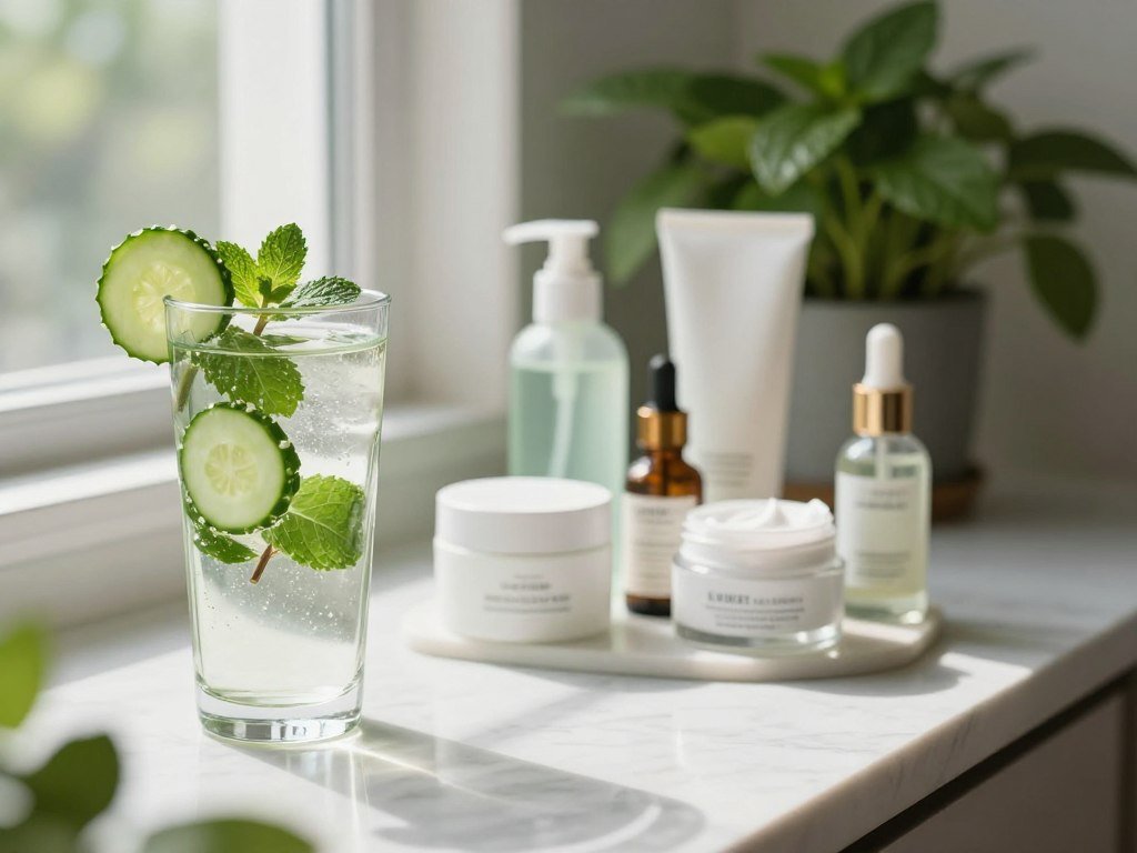 A serene and inviting indoor setting, illustrating the soothing essence of hydration and skincare. In the foreground, a stylish glass filled with refreshing cucumber mint water, garnished with vibrant cucumber slices and fresh mint leaves. Soft light filters through a nearby window, casting gentle shadows and creating a calm atmosphere. In the middle, a neatly arranged selection of skincare products, such as moisturizing creams and serums, elegantly displayed on a marble countertop. The background features lush green plants, enhancing the concept of natural freshness. The overall mood is tranquil and rejuvenating, evoking a sense of wellness and self-care, capturing the importance of hydration in achieving a radiant glow. The scene is shot at a slight angle with a soft-focus effect, emphasizing the inviting details.