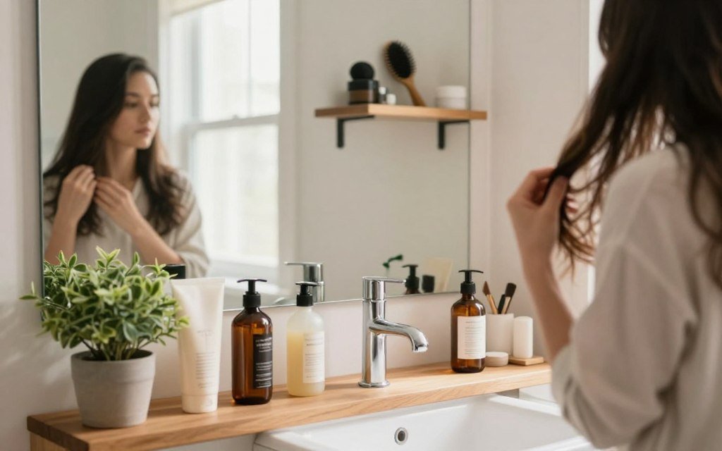A serene bathroom scene capturing a morning haircare ritual. In the foreground, a stylish wooden vanity displays elegant haircare products like shampoos, conditioners, and serums, with a small potted plant adding a touch of freshness. In the middle ground, a person with modest casual attire, long hair, is applying a nourishing hair oil while standing in front of a large mirror. Soft natural light streams in through a window, creating a warm glow that highlights the person's focused expression. The background features a neatly organized shelf with brushes and hair accessories, contributing to a tranquil, inviting atmosphere that promotes self-care and wellness. The overall mood is calm and rejuvenating, perfect for a morning routine. A serene bathroom scene capturing a morning haircare ritual. In the foreground, a stylish wooden vanity displays elegant haircare products like shampoos, conditioners, and serums, with a small potted plant adding a touch of freshness. In the middle ground, a person with modest casual attire, long hair, is applying a nourishing hair oil while standing in front of a large mirror. Soft natural light streams in through a window, creating a warm glow that highlights the person's focused expression. The background features a neatly organized shelf with brushes and hair accessories, contributing to a tranquil, inviting atmosphere that promotes self-care and wellness. The overall mood is calm and rejuvenating, perfect for a morning routine.