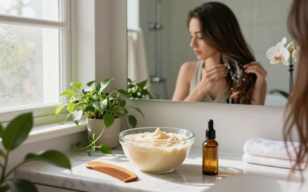 A serene bathroom setting bathed in soft morning light filters through a frosted window, casting gentle shadows. In the foreground, a glass bowl filled with a rich, creamy hair treatment sits on a marble countertop, surrounded by lush green plants. An elegant wooden comb and a delicate dropper bottle of natural oil accompany the bowl, hinting at the nourishing ingredients within. The middle ground features a mirror reflecting a modestly dressed woman applying the treatment to her long, healthy hair, emphasizing her focused expression of self-care. In the background, subtle details like towels and a hint of a potted orchid enhance the calming atmosphere. The overall mood is tranquil and rejuvenating, inviting a sense of deep hydration and care for vibrant hair and scalp health. A serene bathroom setting bathed in soft morning light filters through a frosted window, casting gentle shadows. In the foreground, a glass bowl filled with a rich, creamy hair treatment sits on a marble countertop, surrounded by lush green plants. An elegant wooden comb and a delicate dropper bottle of natural oil accompany the bowl, hinting at the nourishing ingredients within. The middle ground features a mirror reflecting a modestly dressed woman applying the treatment to her long, healthy hair, emphasizing her focused expression of self-care. In the background, subtle details like towels and a hint of a potted orchid enhance the calming atmosphere. The overall mood is tranquil and rejuvenating, inviting a sense of deep hydration and care for vibrant hair and scalp health.