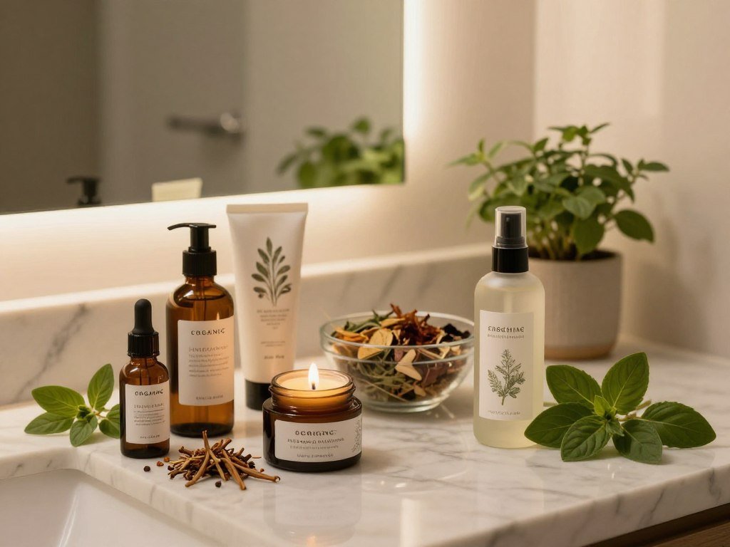 A serene bathroom setting bathed in soft, warm lighting, featuring an elegantly arranged skincare display. In the foreground, a variety of organic skincare products labeled with botanical designs, including adaptogen-infused serums and creams, sit on a marble countertop. A soothing eye cream and a calming facial mist are surrounded by fresh herbs like ashwagandha, rhodiola, and holy basil, emphasizing their natural origins. In the middle ground, a delicate glass bowl holds a blend of natural botanicals, while a small potted plant adds a touch of greenery. The background reveals a softly blurred mirror reflecting the tranquil ambiance, creating an atmosphere of relaxation and self-care. The camera angle is slightly above eye level, focusing on the product arrangement, inviting viewers into a nighttime skincare ritual.
