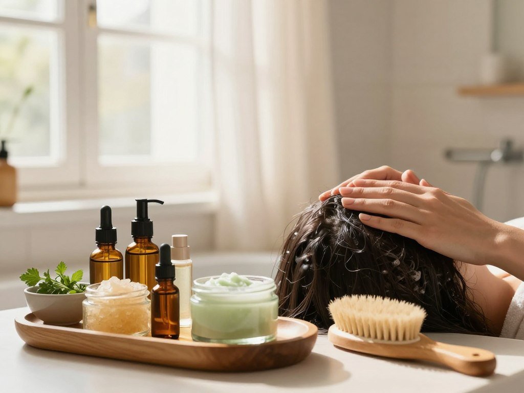 A serene bathroom setting featuring a beautifully arranged scalp care routine. In the foreground, a wooden tray displays an array of natural scalp oils, a gentle exfoliating scrub, and a soothing balm, all in elegant glass containers. Nearby, a small bowl with fresh herbs and a soft-bristled brush highlights the natural essence of self-care. In the middle, a hand with a neatly manicured nail gently massages a textured scalp, demonstrating the rituals of relaxation. The background reveals a sunny window with flowing sheer curtains, casting soft, warm light over the scene, emphasizing a peaceful and rejuvenating atmosphere. The overall mood is calm and inviting, showcasing a holistic approach to scalp health.