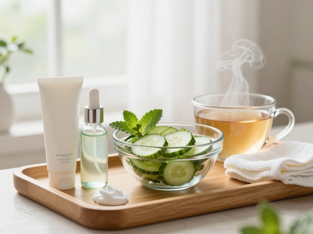 A serene bathroom setting showcasing skincare safety precautions. In the foreground, an elegantly arranged wooden tray holds various skincare products: a tube of hydrating cream, a glass bottle of cucumber mint essence, and a soft microfiber cloth. In the middle, a large glass bowl filled with refreshing cucumber slices and mint leaves sits beside a steaming cup of herbal tea. The background features a softly glowing window draped with sheer white curtains, allowing gentle, diffused natural light to illuminate the scene. Subtle greenery peeks through the window, adding to the calm ambiance. The mood is tranquil and inviting, emphasizing the importance of safe skincare practices. Capture this scene with a slightly elevated angle to give a sense of depth and warmth.