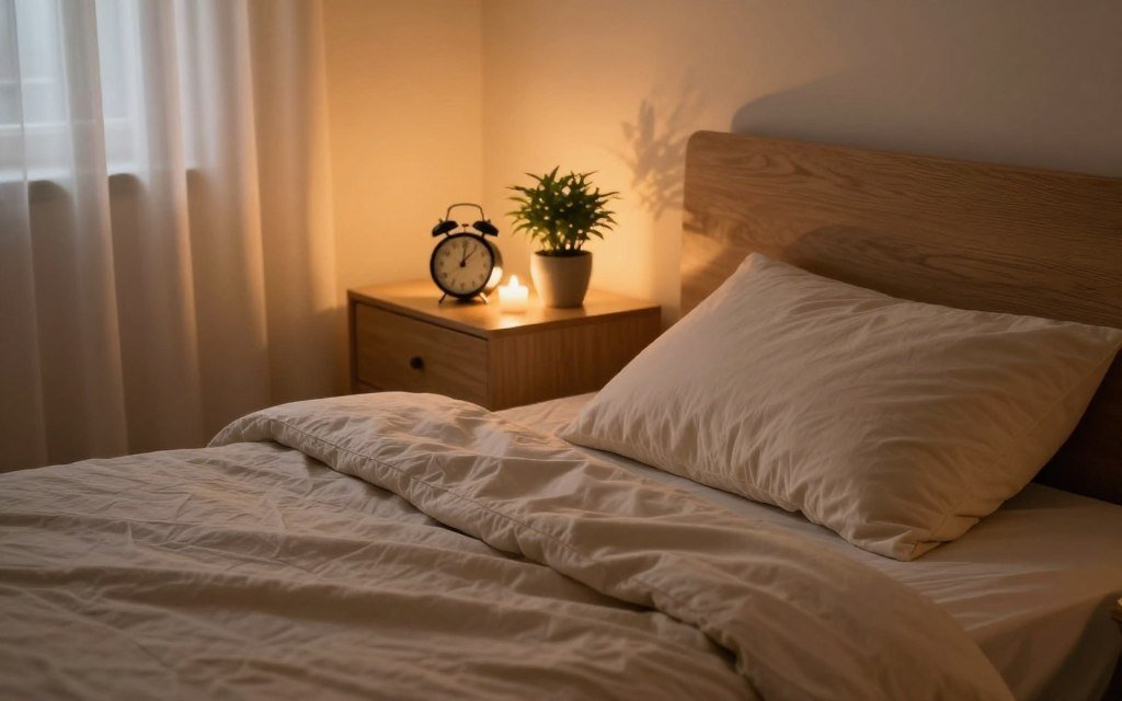 A serene bedroom scene, capturing the essence of deep sleep techniques. In the foreground, a cozy, made bed with soft, inviting sheets and a plush pillow, suggesting comfort and restfulness. The middle ground features a calming nightstand with a sleek alarm clock set to a peaceful time, and a small potted plant that adds a touch of nature. In the background, gentle ambient lighting casts a warm glow, simulating late evening, with draped curtains gently swaying. A meditation corner is visible, with a yoga mat rolled out and a few calming candles, creating a soothing atmosphere. The overall mood is tranquil and restful, evoking the serenity needed for deep, restorative sleep.