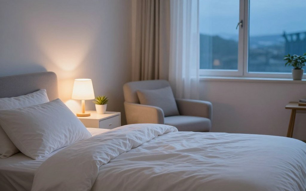 A serene bedroom setting designed for better sleep habits. In the foreground, a neatly made bed with plush pillows and a light, breathable comforter. A simple bedside table holds a small plant and a calming night lamp casting a warm, soft glow. In the middle, a cozy armchair sits next to a window draped with light-filtering curtains, showcasing a tranquil night sky outside. The background features calming colors like soft blues and warm whites, enhancing the peaceful atmosphere. The room is illuminated by gentle, ambient lighting to promote relaxation. The angle captures the entire space, emphasizing organization and comfort, creating an inviting scene that inspires restful sleep.