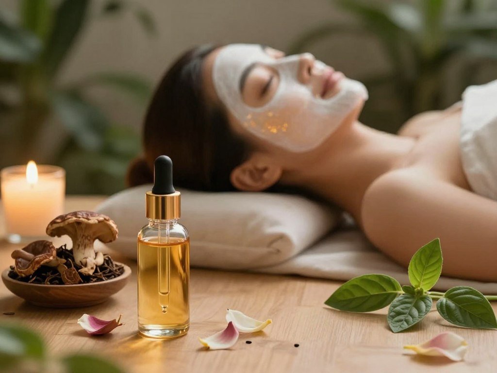 A serene evening skincare setting featuring a variety of adaptogenic ingredients like ashwagandha, reishi mushrooms, and holy basil artfully arranged on a soft, natural wooden surface. In the foreground, a glass dropper bottle of luxurious serum reflects warm, golden light, surrounded by delicate flower petals. The middle ground showcases a beautiful, glowing face mask applied to a model with clear skin, dressed in a modest, elegant outfit, enjoying the ritual with a peaceful expression. Soft candlelight adds a warm glow, creating an intimate, tranquil atmosphere. The background consists of softly blurred greenery to evoke a sense of nature and wellness. The overall mood is calming and inviting, with a focus on the transformative power of adaptogens for enhancing skin health. Soft focus enhances the dreamy, nourishing quality of the skincare experience.