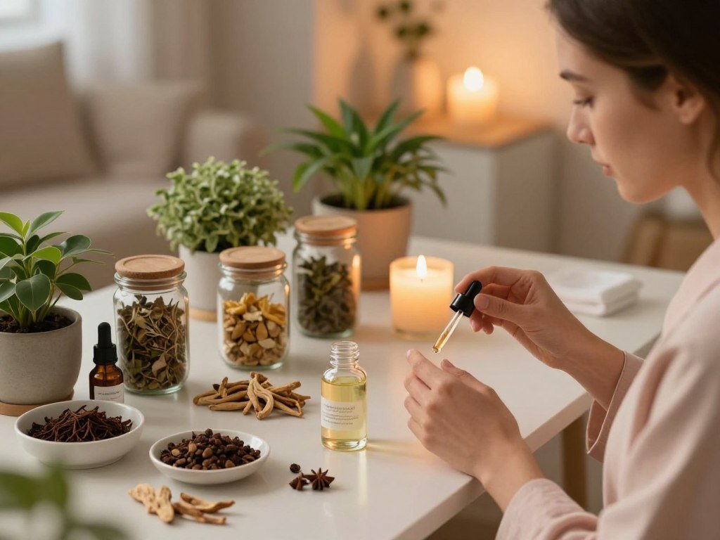 A serene evening skincare setting focused on hormonal balance, featuring a beautifully arranged table with natural skincare products, adaptogenic herbs like ashwagandha and maca root, and a calming candle glowing softly. In the foreground, a dedicated skincare enthusiast in a soft, pastel-colored robe gently applies calming face oil, emphasizing healthy skin. The middle layer showcases an array of green plants, symbolizing nature’s healing properties, along with delicate glass jars filled with herbal blends. The background fades into a peaceful, softly lit room with warm ambient lighting, reflecting a tranquil atmosphere. The composition is cozy and inviting, hinting at relaxation and well-being, captured with a slightly angled top-down view to enhance depth and focus. The image conveys a harmonious balance conducive to self-care and internal wellness practices.
