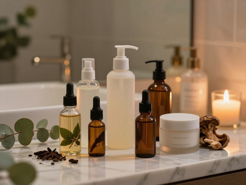 A serene evening skincare setup featuring elegant adaptogen-infused skincare products. In the foreground, a collection of beautifully designed glass bottles and jars filled with lotions, serums, and creams, showcasing natural ingredients like ashwagandha, holy basil, and reishi mushrooms. Soft, warm lighting highlights the textures of the products, casting gentle shadows. In the middle ground, a marble vanity surface enhances the luxury feel, partially adorned with eucalyptus leaves and small candles emitting a calming glow. The background features a blurred, softly lit bathroom ambiance, complete with subtle hints of greenery. The overall mood conveys tranquility and wellness, inviting viewers to imagine a peaceful nighttime ritual focused on rejuvenation and glow.