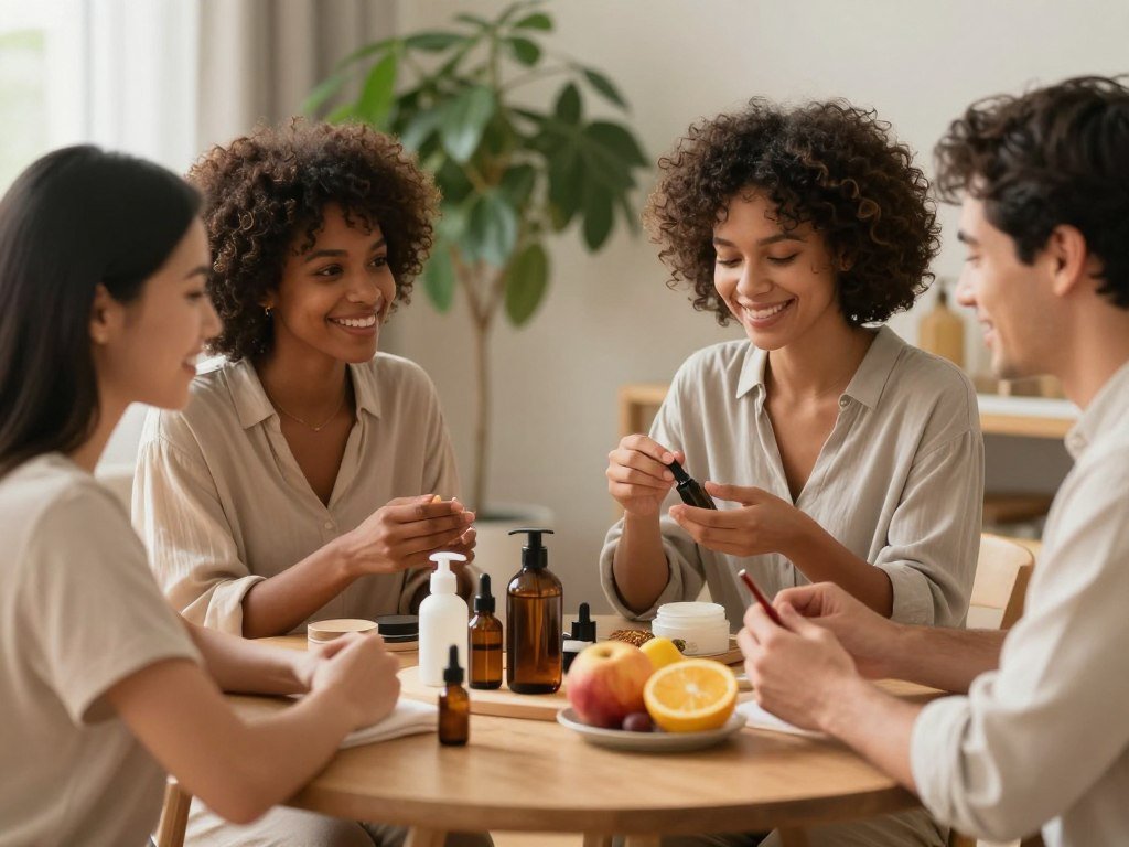 A serene indoor setting focused on promoting hair and skin wellness. In the foreground, a diverse group of three people (a woman of Asian descent, a woman of African descent, and a man of Hispanic descent) engaged in a gentle skincare routine while smiling and enjoying each other's company. They're wearing comfortable, modest casual clothing. In the middle ground, a beautifully arranged table with natural beauty products such as oils, serums, and fresh fruit, all bathed in soft, warm lighting. In the background, a lush indoor plant that adds vitality and a healthy ambiance to the scene. The atmosphere is calm and uplifting, illustrating a holistic lifestyle that supports hair and skin wellness, with a focus on unity and self-care.
