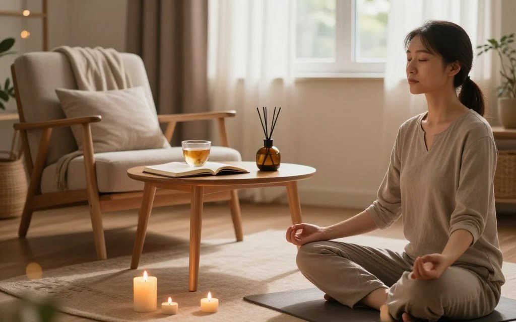 A serene indoor setting illustrating various stress management techniques. In the foreground, a calm individual, dressed in modest casual clothing, practices mindfulness meditation with closed eyes, surrounded by a few flickering candles. In the middle, a cozy space features a comfortable chair and a soft throw, with a small table displaying a journal, herbal tea, and essential oil diffuser, creating a sense of tranquility. The background shows a softly lit window with gentle curtains, allowing warm sunlight to filter through, enhancing the peaceful atmosphere. Soft bokeh effects add to the calm ambiance. The overall mood conveys relaxation and mental clarity, focusing on techniques for calming the mind and achieving restful sleep.