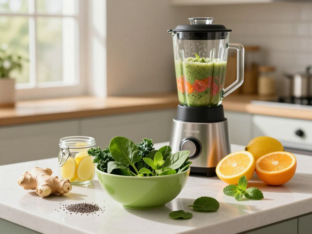 A serene kitchen countertop displaying an array of natural energy boosters for herbal smoothies. In the foreground, a vibrant green bowl filled with fresh spinach, kale, and mint leaves. Beside it, sliced citrus fruits like oranges and lemons, a small jar of ginger, and a handful of chia seeds. In the middle ground, a high-quality blender with a glass pitcher filled with a colorful smoothie mix, radiating freshness. The background features soft natural light streaming in through a window, casting gentle shadows and creating a warm, inviting atmosphere. The scene conveys health and vitality, emphasizing the natural beauty and the energizing potential of these ingredients. The composition is bright and colorful, ideal for an article illustration. A serene kitchen countertop displaying an array of natural energy boosters for herbal smoothies. In the foreground, a vibrant green bowl filled with fresh spinach, kale, and mint leaves. Beside it, sliced citrus fruits like oranges and lemons, a small jar of ginger, and a handful of chia seeds. In the middle ground, a high-quality blender with a glass pitcher filled with a colorful smoothie mix, radiating freshness. The background features soft natural light streaming in through a window, casting gentle shadows and creating a warm, inviting atmosphere. The scene conveys health and vitality, emphasizing the natural beauty and the energizing potential of these ingredients. The composition is bright and colorful, ideal for an article illustration.
