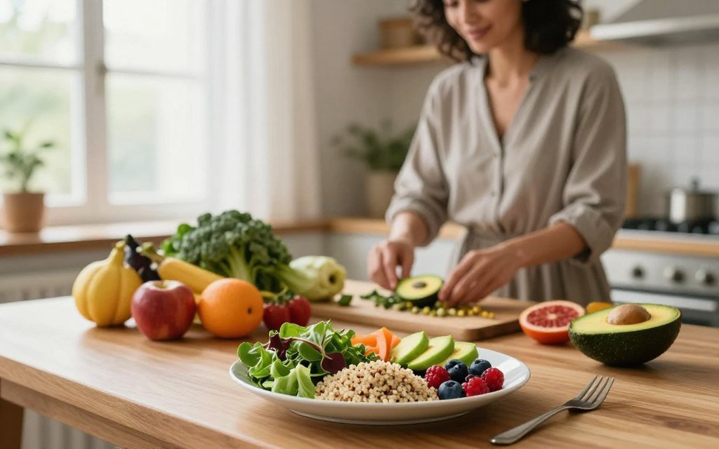 A serene kitchen setting filled with fresh, vibrant fruits and vegetables, symbolizing hormonal health and cycle-syncing nutrition. In the foreground, a clean wooden table showcases a balanced meal plated beautifully, featuring colorful leafy greens, quinoa, avocados, and berries. In the middle ground, a woman in professional casual attire is thoughtfully arranging ingredients, with a soft smile reflecting her well-being. The background features a window with natural light filtering through sheer curtains, creating a warm and inviting atmosphere. The scene is captured with a soft focus lens, highlighting the tranquility and balance of cycle-syncing nutrition, emphasizing a holistic approach to hormonal health.