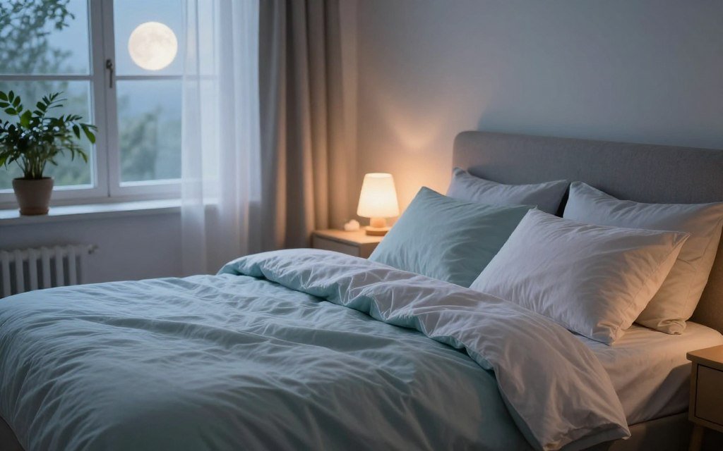 A serene sleep environment designed for optimal rest, featuring a cozy bedroom setting. In the foreground, a plush queen-sized bed with fluffy pillows and a soft, inviting duvet in calming pastel colors. On the bedside table, a small lamp emits warm, gentle lighting that enhances the tranquil atmosphere. In the middle ground, a large window with sheer curtains allowing soft moonlight to illuminate the room, accompanied by potted plants for a touch of nature. The background reveals a soothing color palette with soft blues and greens, promoting relaxation. The scene is captured with a soft focus, using a wide-angle lens from a slightly elevated angle, creating an intimate and peaceful mood, perfect for encouraging deep, restful sleep.