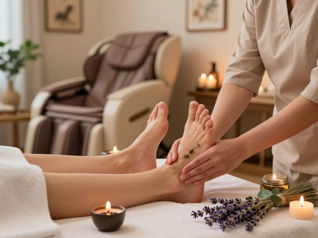 A serene spa setting featuring a close-up of a pair of well-maintained feet receiving a gentle herbal foot massage. In the foreground, a professional massage therapist, dressed in tasteful, modest attire, skillfully applies natural oils infused with herbs while tranquil candlelight flickers around them. In the middle, a comfortable massage chair adorned with soft, calming fabrics is visible, accompanied by an array of vibrant herbal ingredients like lavender and eucalyptus placed on a nearby table. The background reveals a peaceful, softly lit room decorated with soothing artwork and plants, enhancing the overall ambiance of relaxation. The lighting is warm and inviting, creating a sense of tranquility and well-being, capturing the therapeutic benefits of foot massage as part of a weekly self-care routine. A serene spa setting featuring a close-up of a pair of well-maintained feet receiving a gentle herbal foot massage. In the foreground, a professional massage therapist, dressed in tasteful, modest attire, skillfully applies natural oils infused with herbs while tranquil candlelight flickers around them. In the middle, a comfortable massage chair adorned with soft, calming fabrics is visible, accompanied by an array of vibrant herbal ingredients like lavender and eucalyptus placed on a nearby table. The background reveals a peaceful, softly lit room decorated with soothing artwork and plants, enhancing the overall ambiance of relaxation. The lighting is warm and inviting, creating a sense of tranquility and well-being, capturing the therapeutic benefits of foot massage as part of a weekly self-care routine.