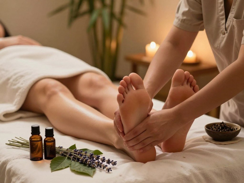 A serene spa setting for an herbal foot massage technique, featuring a professional therapist in modest casual clothing, gently massaging a client's feet with herbal oils and aromatic herbs. In the foreground, close-up of hands skillfully applying pressure to the soles, surrounded by scattered leaves, lavender, and essential oil bottles. In the middle ground, the client's relaxed expression reflects tranquility, with soft towels wrapped around their legs. The background shows calming elements like bamboo plants and softly glowing candles, enhancing the inviting atmosphere. Soft, warm lighting creates a soothing ambiance, while the image is framed at a slight angle to emphasize the massage action and the beauty of the herbal ingredients. A serene spa setting for an herbal foot massage technique, featuring a professional therapist in modest casual clothing, gently massaging a client's feet with herbal oils and aromatic herbs. In the foreground, close-up of hands skillfully applying pressure to the soles, surrounded by scattered leaves, lavender, and essential oil bottles. In the middle ground, the client's relaxed expression reflects tranquility, with soft towels wrapped around their legs. The background shows calming elements like bamboo plants and softly glowing candles, enhancing the inviting atmosphere. Soft, warm lighting creates a soothing ambiance, while the image is framed at a slight angle to emphasize the massage action and the beauty of the herbal ingredients.