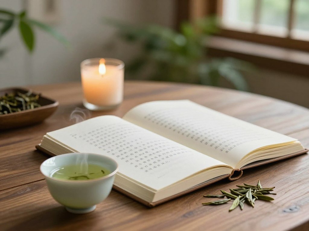A serene tea journal resting on a wooden table, its pages gently open to a beautifully written entry about mindful tea rituals. In the foreground, a delicate porcelain teacup filled with steaming green tea, along with fresh tea leaves scattered nearby. The middle ground features a calm, softly glowing candle, subtly illuminating the pages of the journal. The background shows a softly blurred indoor setting, with lush houseplants and natural light filtering through a window, creating a warm, inviting atmosphere. The overall mood is tranquil and reflective, suggesting a peaceful moment dedicated to self-care and mindfulness, with a focus on simplicity and clarity. The lighting is soft and diffuse, enhancing the gentle colors of nature.