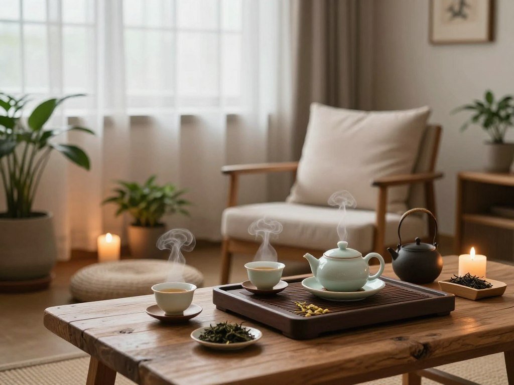 A serene tea sanctuary at home, featuring a cozy nook adorned with soft textiles and natural wood elements. In the foreground, a beautifully arranged tea set with steaming cups, delicate teapot, and an assortment of loose leaf teas displayed on a rustic wooden table. The middle ground reveals a comfortable armchair with plush cushions, surrounded by potted plants and candles casting a warm glow. In the background, a softly lit window draped with sheer curtains allows natural light to filter in, creating a peaceful ambiance. The scene conveys tranquility and mindfulness, using soft, diffused lighting to enhance the calming atmosphere. The overall mood is soothing and inviting, perfect for a mindful tea ritual.