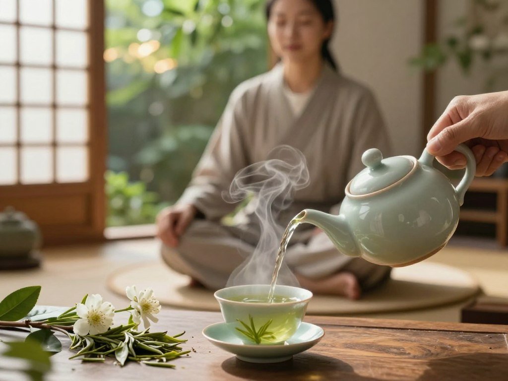 A serene tea setup in a tranquil environment evokes a sense of mindfulness. In the foreground, a beautifully crafted ceramic teapot pours steaming green tea into an elegant cup, surrounded by fresh tea leaves and delicate flowers. The middle layer features a peaceful individual, dressed in cozy yet modest attire, seated cross-legged on a soft mat, eyes gently closed, embodying a meditative state. Soft, warm light filters through a nearby window, casting a gentle glow that highlights natural textures. In the background, lush greenery adds a calming touch, with a hint of sunlight dancing through leaves to enhance the serene atmosphere. The overall mood is tranquil and inviting, perfect for promoting a mindful tea ritual and easing anxiety.
