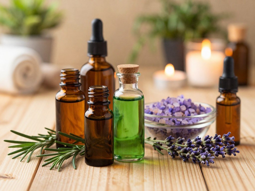 A tranquil scene showcasing natural oils for scalp care on a wooden table. In the foreground, several elegant glass bottles, filled with amber and green oils, are arranged artfully next to fresh herbs like rosemary and lavender. The middle ground features a small bowl of sea salt and a few essential oil drops, highlighting their use in a scalp treatment. The background is softly blurred, depicting a serene spa environment with plants and warm, inviting lighting emanating from candles, adding a calming atmosphere. The focus is sharp on the oils, accentuating their rich colors and textures. Capture a sense of wellness and tranquility that emphasizes the benefits of natural ingredients for healthy hair and scalp care.