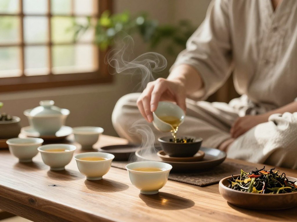 A tranquil, serene setting featuring a beautifully arranged tea ritual scene. In the foreground, a steaming cup of tea sits on a wooden table, surrounded by delicate teacups and a variety of colorful loose-leaf teas. The middle ground includes a meditative figure dressed in modest, casual attire, peacefully pouring tea into a cup, embodying mindfulness and calm. In the soft background, lush greenery and gentle sunlight filter through a window, casting warm, inviting light across the scene. The atmosphere conveys tranquility and introspection, ideal for illustrating the benefits of a daily mindful tea ritual, with a focus on ease and serenity. Shot with a warm color palette, using a soft-focus lens to enhance the peaceful mood while keeping the details clear and inviting.