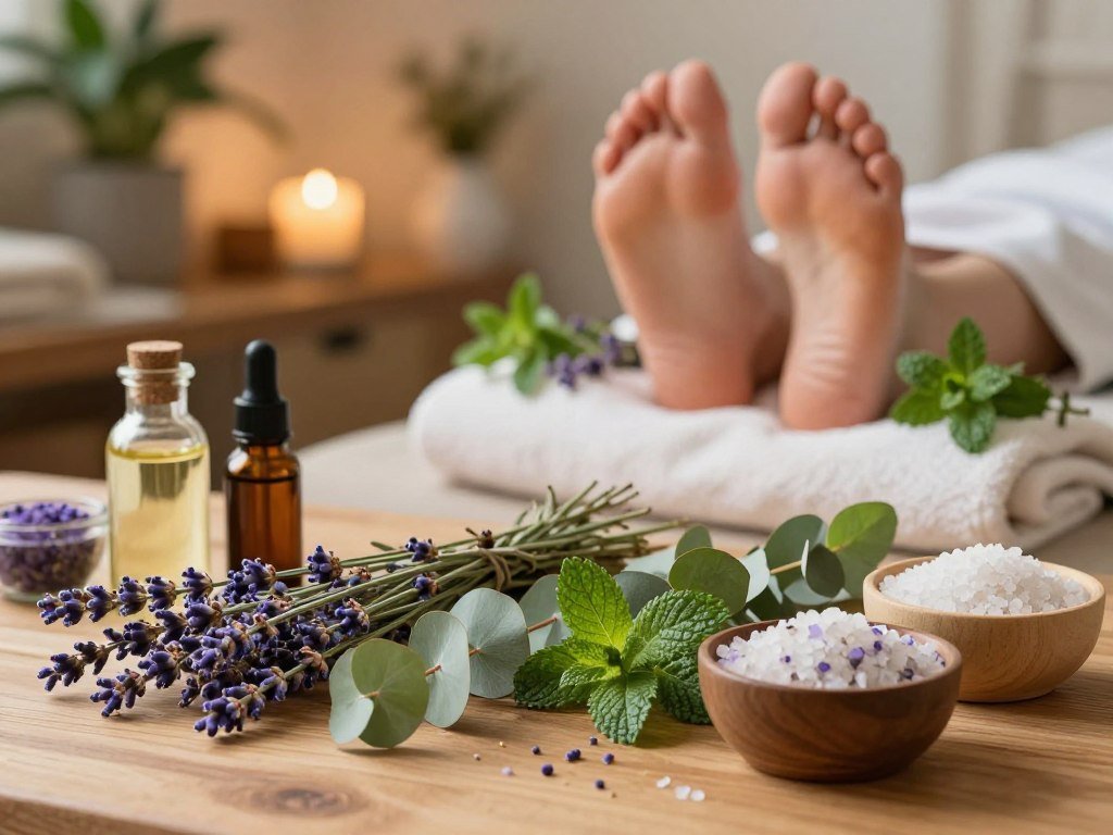 A tranquil setting showcasing an array of essential herbal ingredients for foot massage. In the foreground, a wooden table displays fresh sprigs of lavender, mint, and eucalyptus, alongside jars of herbal oils and bowls of coarse sea salt. In the middle ground, a softly lit space reveals feet resting on a plush towel, with aromatic plants arranged artistically around them, creating a calming atmosphere. The background features a softly focused view of a serene indoor space with warm ambient lighting and hints of house plants. The image should capture a soothing and relaxing mood, emphasizing natural elements with gentle shadows and highlights, evoking a sense of wellness and self-care. A tranquil setting showcasing an array of essential herbal ingredients for foot massage. In the foreground, a wooden table displays fresh sprigs of lavender, mint, and eucalyptus, alongside jars of herbal oils and bowls of coarse sea salt. In the middle ground, a softly lit space reveals feet resting on a plush towel, with aromatic plants arranged artistically around them, creating a calming atmosphere. The background features a softly focused view of a serene indoor space with warm ambient lighting and hints of house plants. The image should capture a soothing and relaxing mood, emphasizing natural elements with gentle shadows and highlights, evoking a sense of wellness and self-care.