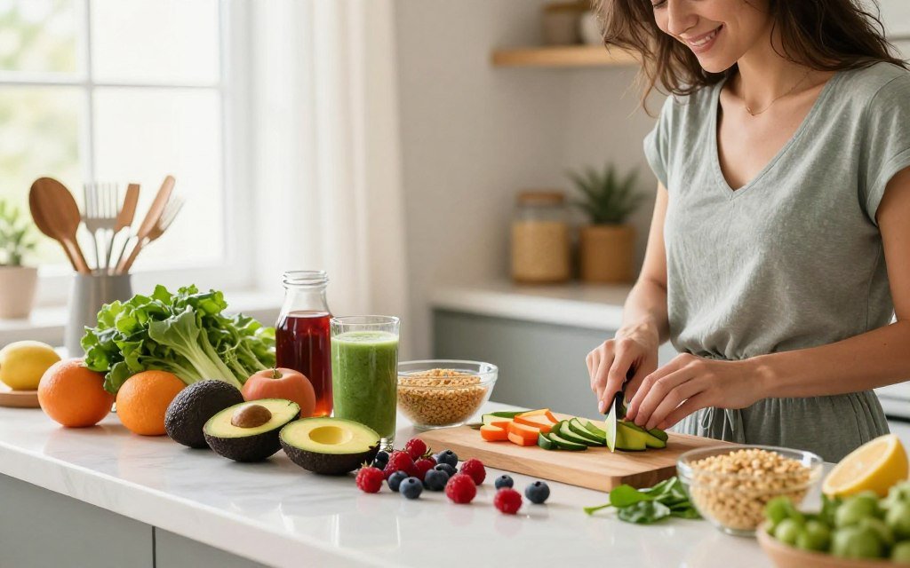 A vibrant, artfully arranged kitchen countertop during the ovulation phase, filled with an array of fresh, colorful foods symbolizing peak nutrition: ripe avocados, plump berries, leafy greens, and whole grains. In the foreground, a woman in stylish but modest casual attire is preparing a meal, focusing on slicing vegetables with a look of concentration and joy. The middle ground features elegant kitchenware and a bowl of smoothie brightening the scene. The background includes soft, natural light streaming through a window adorned with light sheer curtains, creating a warm and inviting atmosphere. The overall mood conveys vitality, health, and balance, emphasizing the concept of cycling nutrition for hormonal harmony and glowing energy.