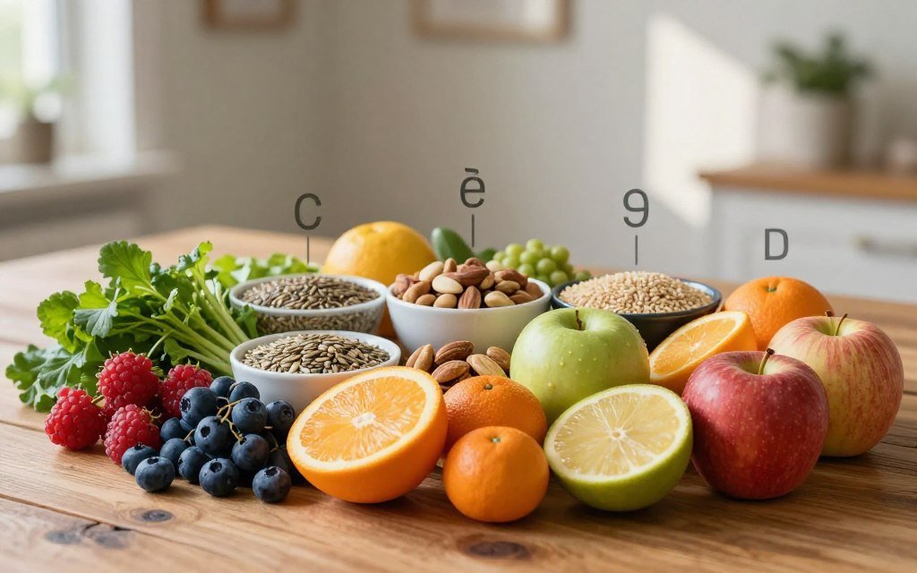 A visually appealing still life composition featuring a beautifully arranged selection of nutrient-rich foods that support cycle-syncing nutrition. In the foreground, a vibrant spread of fresh fruits like berries, citrus, and apples, along with leafy greens and colorful vegetables, all artfully displayed on a rustic wooden table. In the middle ground, there are small bowls of seeds, nuts, and whole grains, highlighting different phases of the menstrual cycle. The background features soft, natural lighting streaming through an organic setting, enhancing the warm, inviting atmosphere. Use a shallow depth of field to focus on the food arrangement, creating an intimate and nourishing mood. The overall aesthetic should evoke a sense of health, balance, and vitality.