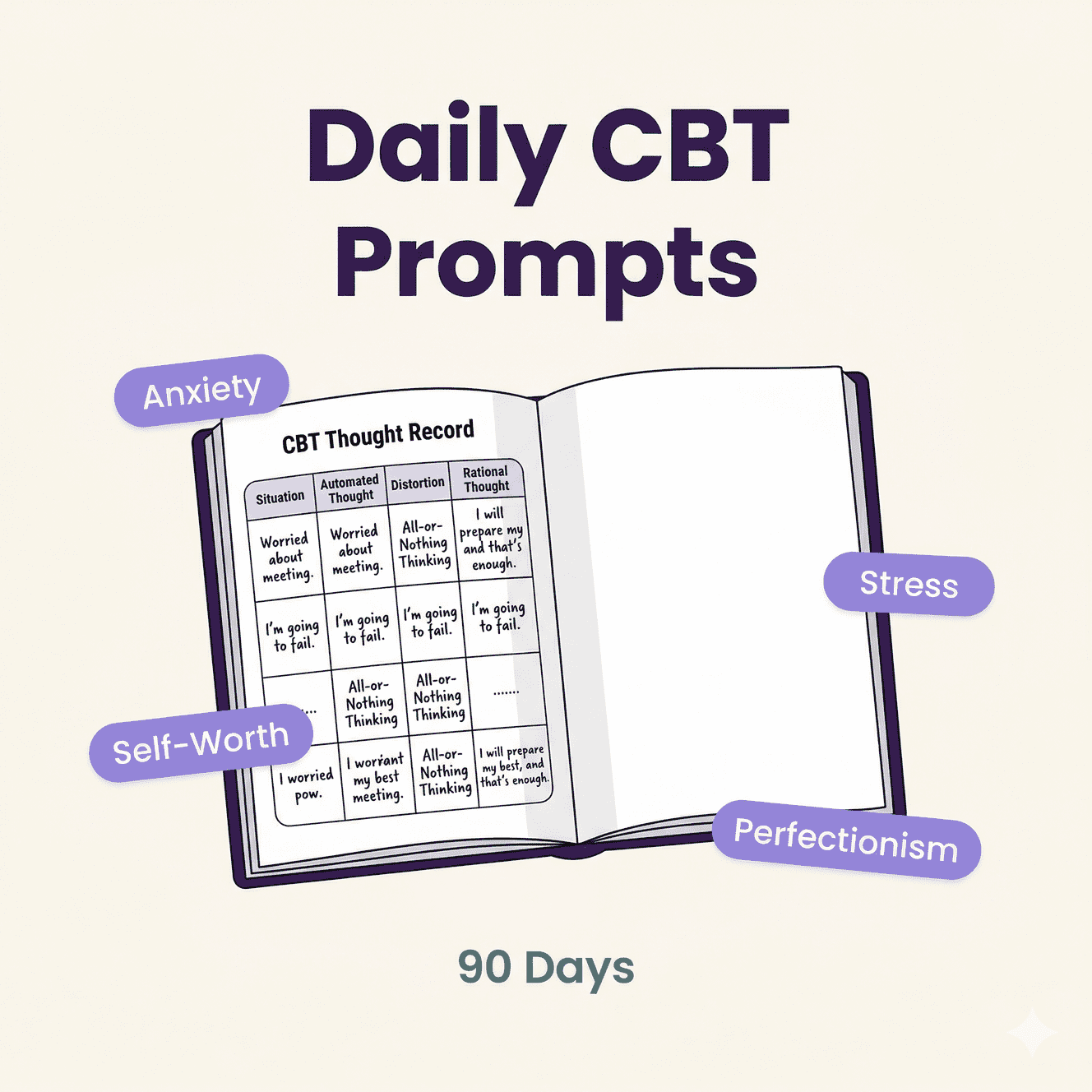 Daily CBT Journal Prompt Bundle — 90 Days of Cognitive Behavioral Therapy Journaling