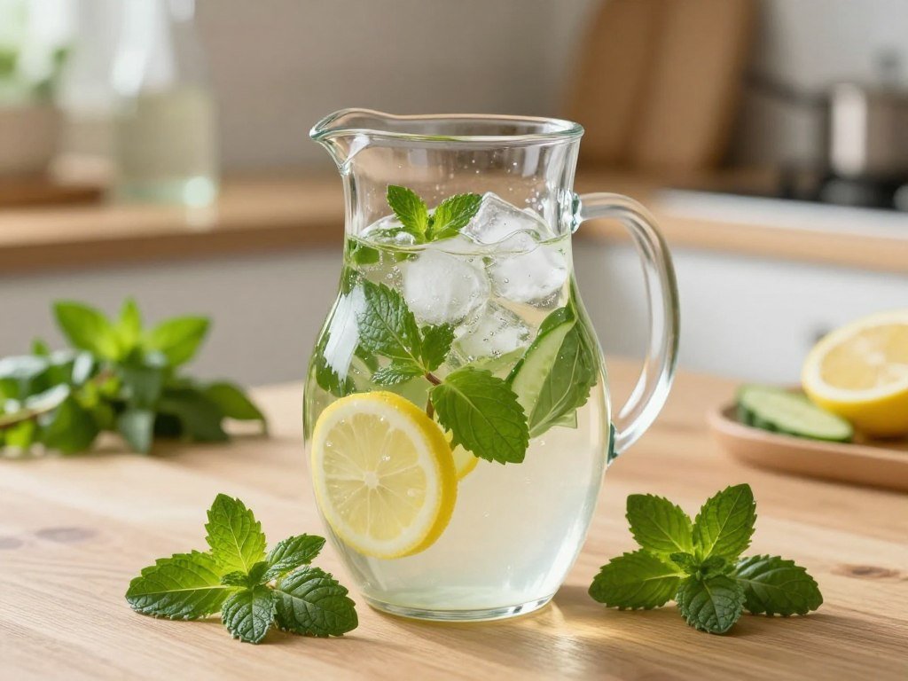 A beautifully arranged glass pitcher of herbal water sits on a wooden table, filled with refreshing ice cubes and vibrant green herbs like mint and basil, alongside slices of lemon and cucumber. The foreground showcases a few herbs artfully scattered around the pitcher, capturing the fresh and natural essence of herbal infusions. The middle ground features the clear, cool water, glimmering in soft, natural light, emphasizing the inviting and rejuvenating quality of the drink. In the background, a blurred kitchen scene includes fresh produce and glassware, creating a warm, inviting atmosphere. The image is captured with a shallow depth of field to keep the focus on the herbal water, illuminated by soft, diffused sunlight to enhance the refreshing and glowing effect. The overall mood is serene and healthy, evoking thoughts of hydration and wellness.