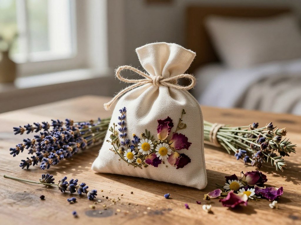 A beautifully arranged herbal pillow sachet, featuring a small, handcrafted fabric pouch filled with dried lavender, chamomile, and rose petals. The pouch is delicately styled with a natural twine bow, placed on a rustic wooden table. Surrounding the sachet, lay various dried herbs and flowers, showcasing their textures and colors. Soft, natural light filters in from a nearby window, casting gentle shadows and highlights, adding warmth to the scene. In the background, the blurred outline of a cozy bedroom creates an inviting atmosphere. The image conveys tranquility and the essence of a mindful ritual, inviting viewers to explore the joy of crafting their own herbal pillow sachet.
